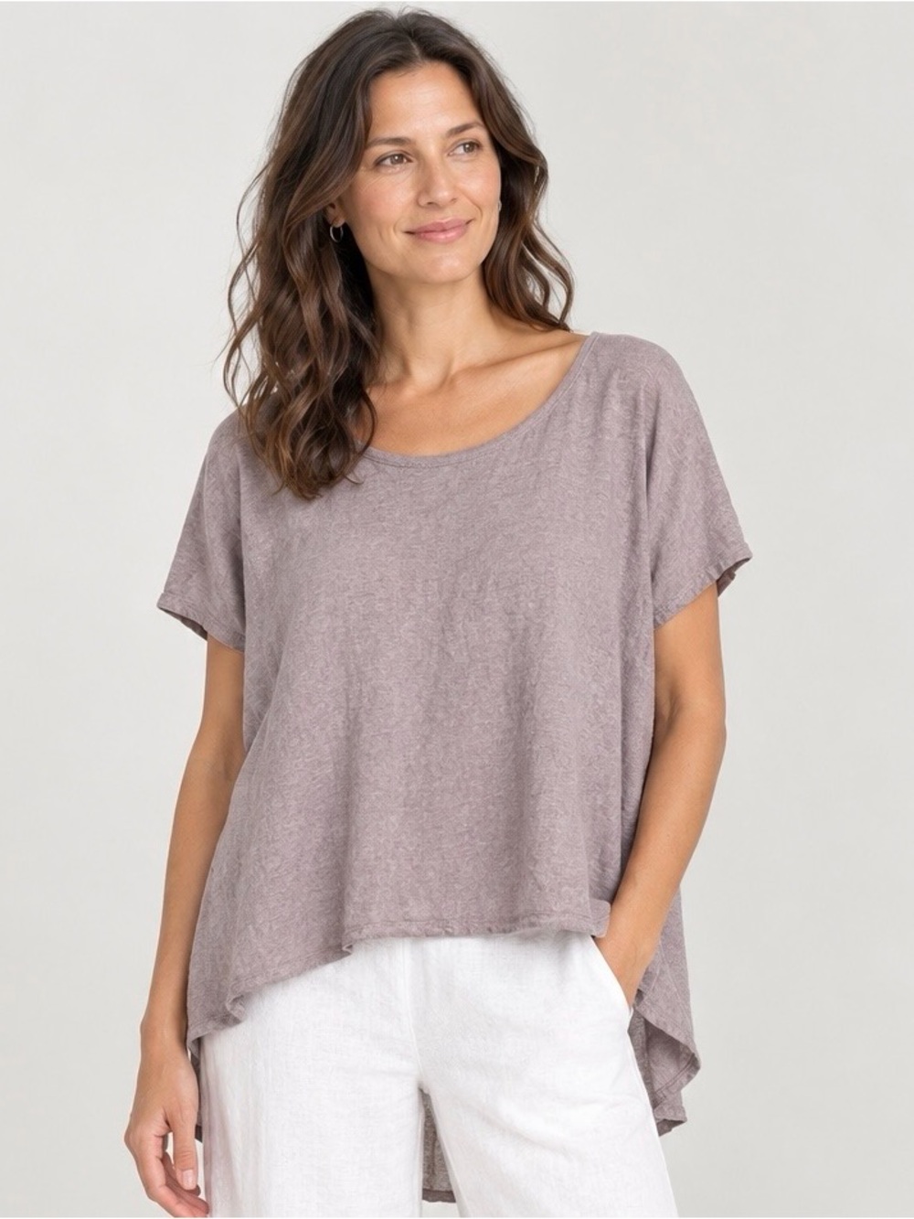 Eileen Fisher oversized shortsleeve top, featuring a relaxed boat neckline Linen